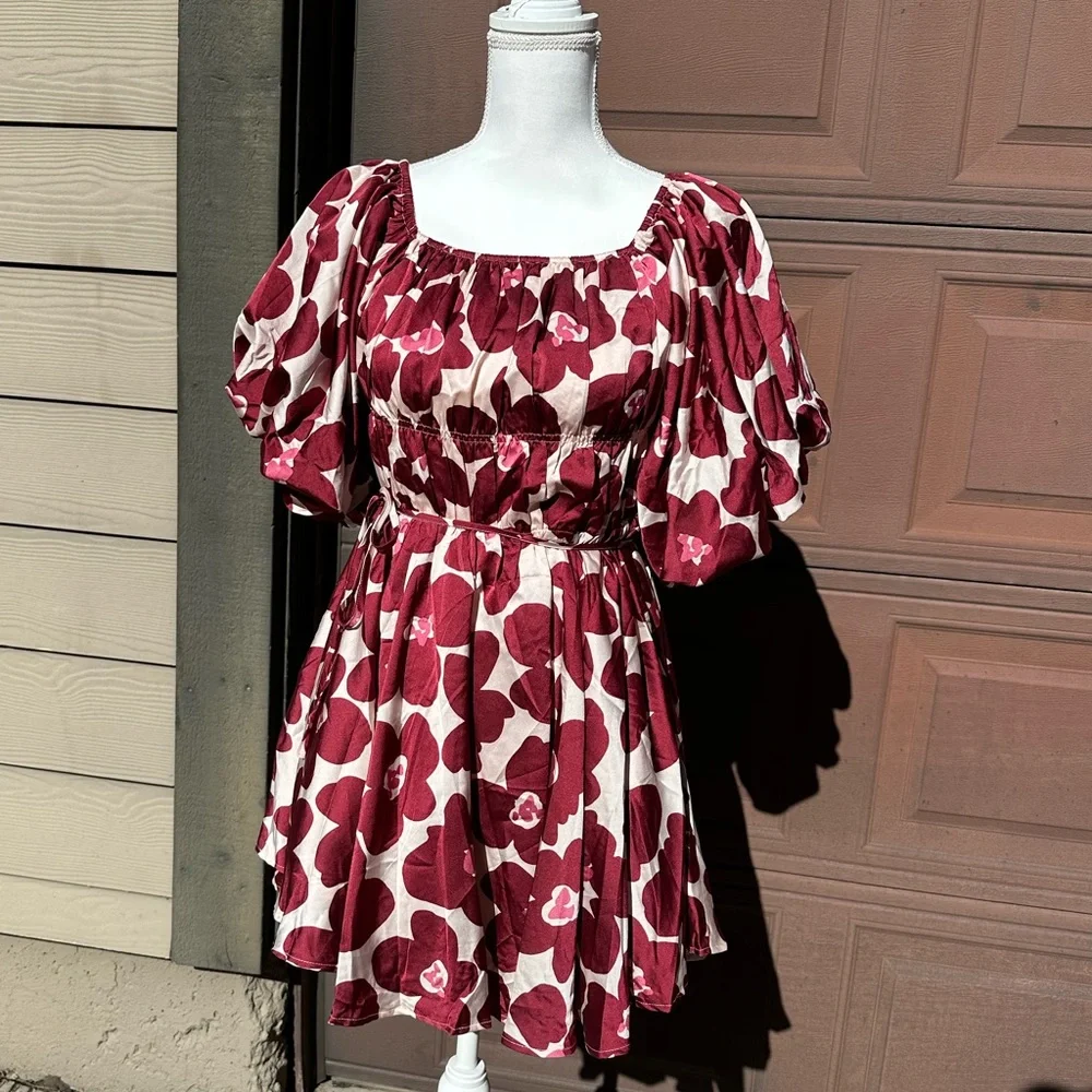 Altar'd State Burgundy and Cream Floral Puff-Sleeve Mini Dress - Picture 1 of 2